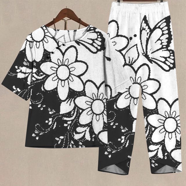 Ensembles d'Été Deux Pièces pour Femmes, T-Shirt Court à Manches Courtes Imprimé à Demi-Manches à Col Rond + Ensemble de Pantalon Décontracté, Ensemble Détente Deux Pièces, Ensembles Grande Taille en Liquidation
