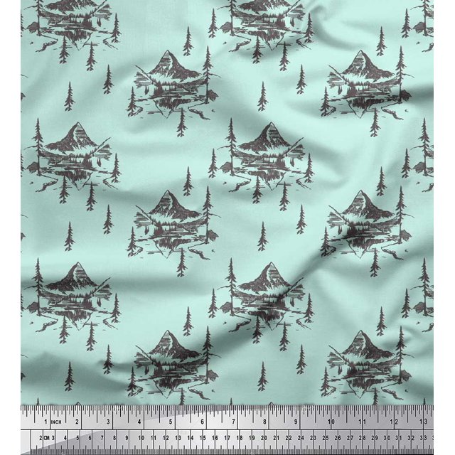Soimoi Green Heavy Canvas Fabric Cedar Tree & Mountain Nature Print Sewing Fabric Yard 58 Inch Wide