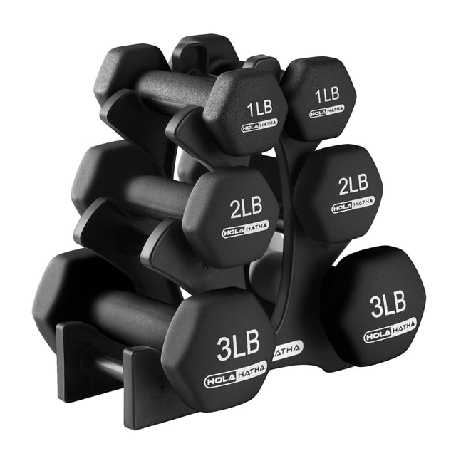 HolaHatha 1, 2 and 3 lb neoprene dumbbell strength training weight set with rack. Features six black hex-shaped dumbbells with PVC non-slip coating for a secure grip, organized on a compact black storage stand. Perfect for arm toning, resistance training, and home gym workouts.