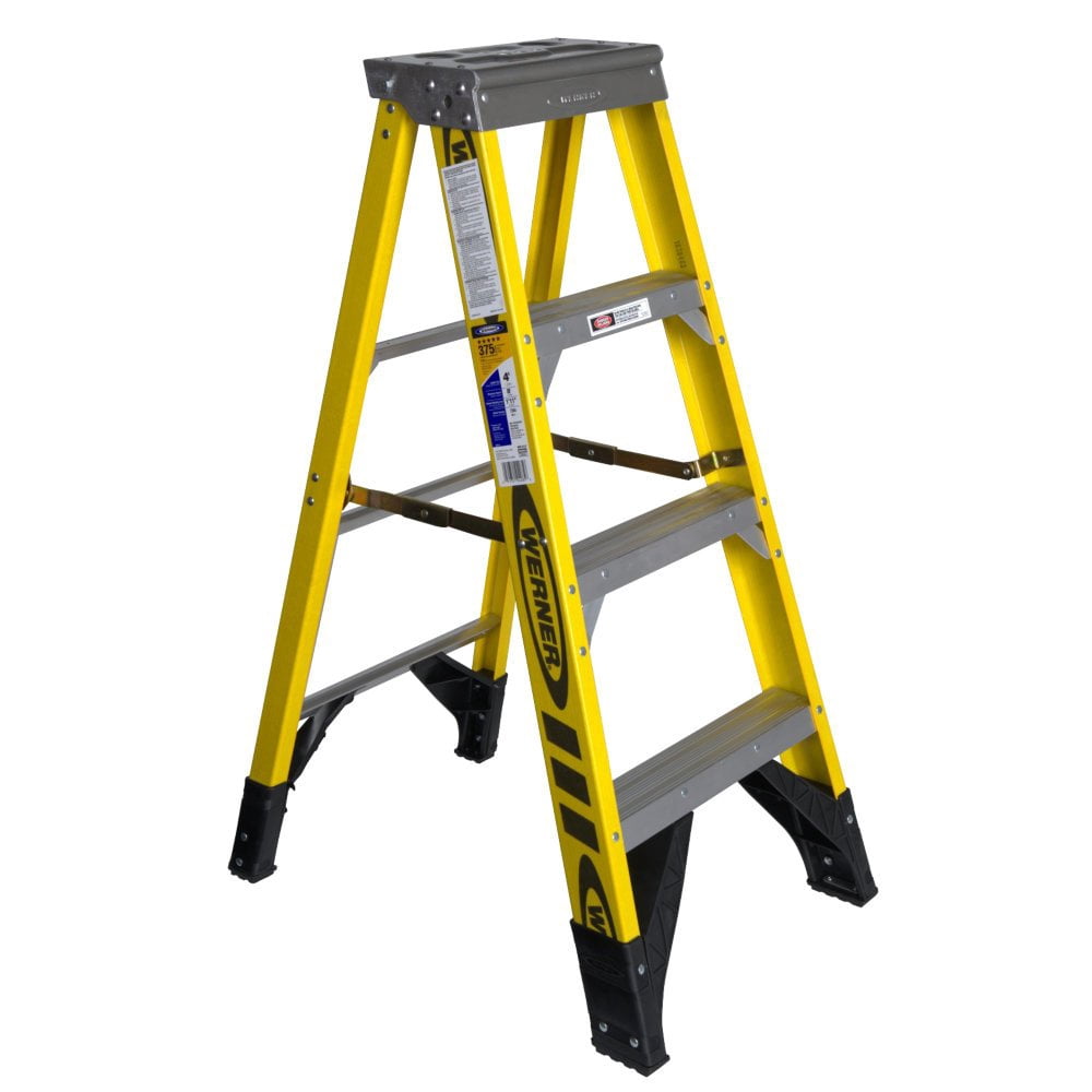 Werner 7304 Type IAA Fiberglass Step Ladder, 3 Steps, Single-Sided, Yellow, 375lb Load Capacity, 4' Length, 21.5" Base Width, 7.56" Height