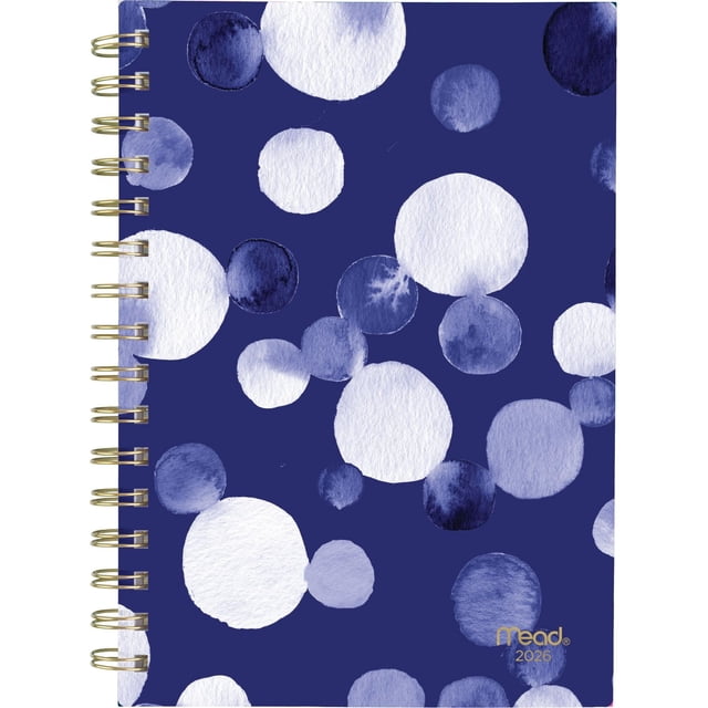 2026 Mead® Watercolour Dots Small Weekly Planner with a durable navy blue frosted poly cover featuring multicolour watercolor dots in white and blue shades, twin coil binding that lays flat, and the Mead logo in gold at the bottom right corner, suitable for detailed weekly and monthly organization.