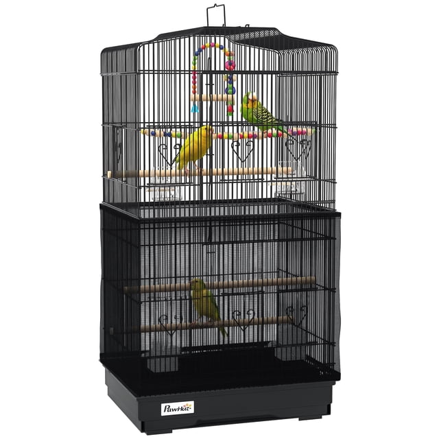 PawHut 36" Bird Cage with Accessories, Handle, Mesh Cover, Tray, Black. A spacious black metal bird enclosure designed for small indoor birds like finches and budgies. Features multiple doors, wooden perches, plastic feeders, swings, a ladder, and a toy pendant. Includes a mesh cover for privacy, a slide-out tray for easy cleaning, and a top handle for portability.