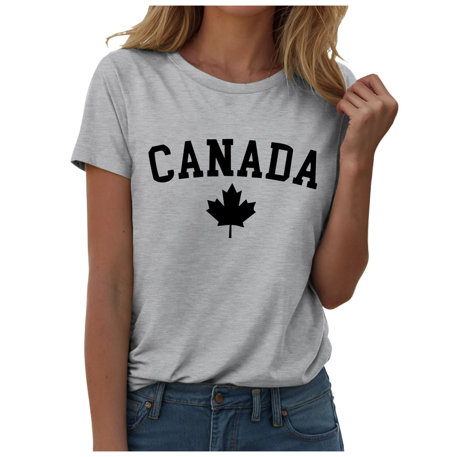 WEIYLL T-Shirts Women Canada Day Letter Maple Leaf Print Grey Tees Sizes L