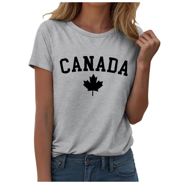 WEIYLL T-Shirts Women Canada Day Letter Maple Leaf Print Grey Tees Sizes L