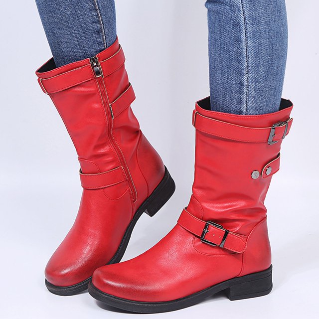 Bmisegm Bottes Rétro pour Femmes à Fermeture Éclair, Talon Carré, Couleur Unie, Tige Mi-Haute, Bout Rond, Chaussures Rouges 8