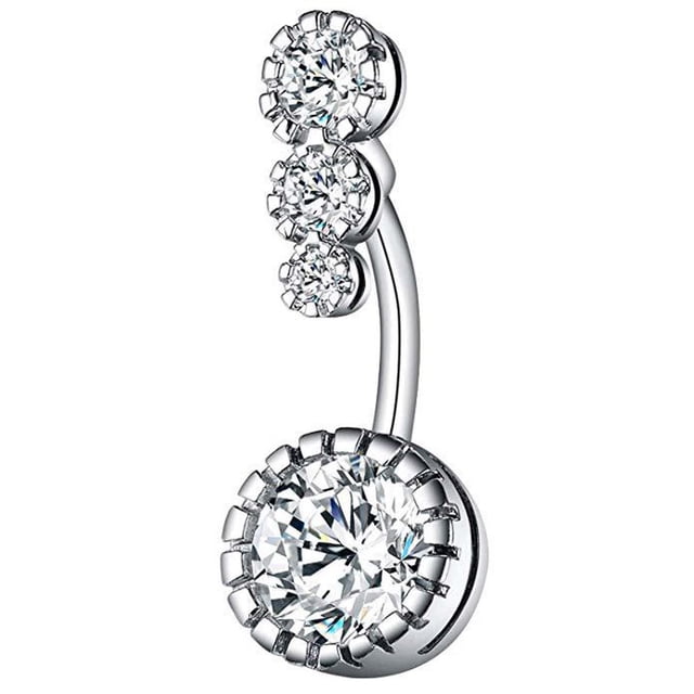 TIMIFIS Dangle Belly Button Rings crafted from surgical steel, featuring a curved barbell adorned with three zirconia stones. The largest stone is set in a prong design, reflecting rainbow hues in sunlight. Lightweight, hypoallergenic, nickel-free, and ideal for belly piercing jewelry enthusiasts.