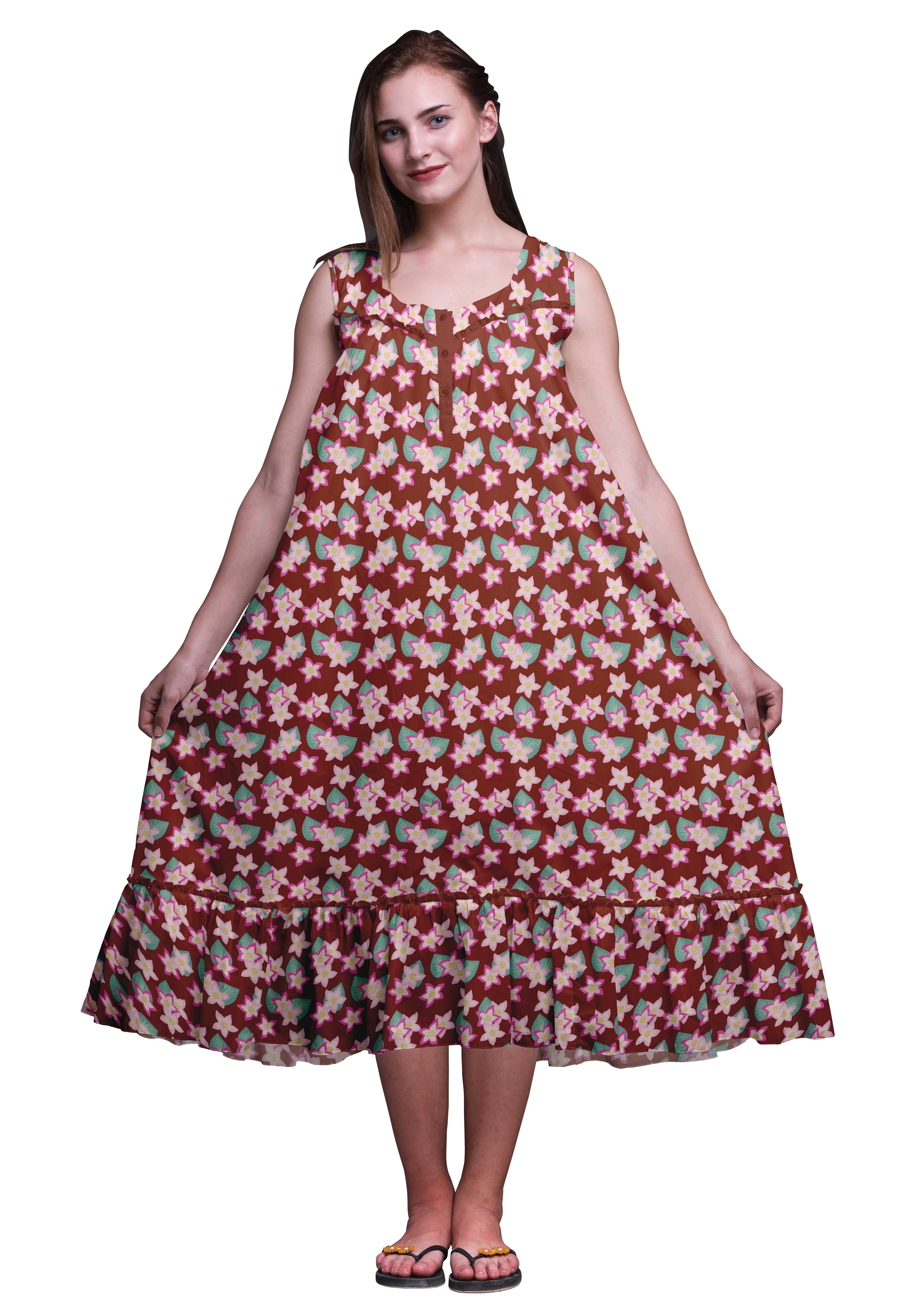 Bimba Chemises de Nuit en Coton Brique Rouge à Feuilles Florales et Imprimées pour Femmes, Robe Sans Manches, Tenue de Nuit, Robe Maxi, Très Grand