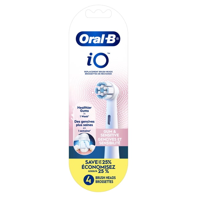 Oral-B iO Gum & Sensitive Replacement Heads package containing four white electric toothbrush brush heads with over 4000 extra-soft blue and white bristles designed for gentle cleaning and healthier gums, featuring smart bristles that fade to white to signal when to replace, compatible with Oral-B iO electric toothbrush handles for sensitive teeth and gums.