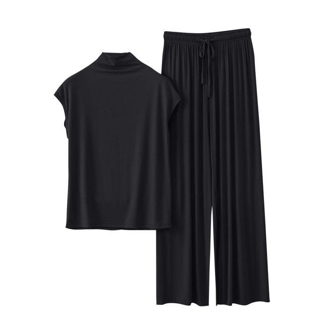 Timegard Ensembles de Pyjamas pour Femmes 2 Pcs Col Montant Mi-Haut T-Shirt à Manches Courtes Pantalon à Jambe Grand Tenues Vêtements de Détente