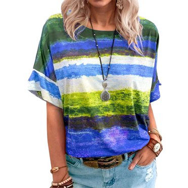 Innerwin Hauts à Rayures T-Shirt Femme Tenue d'Intérieur Manches Courtes T-Shirt Ample Bleu 3TG