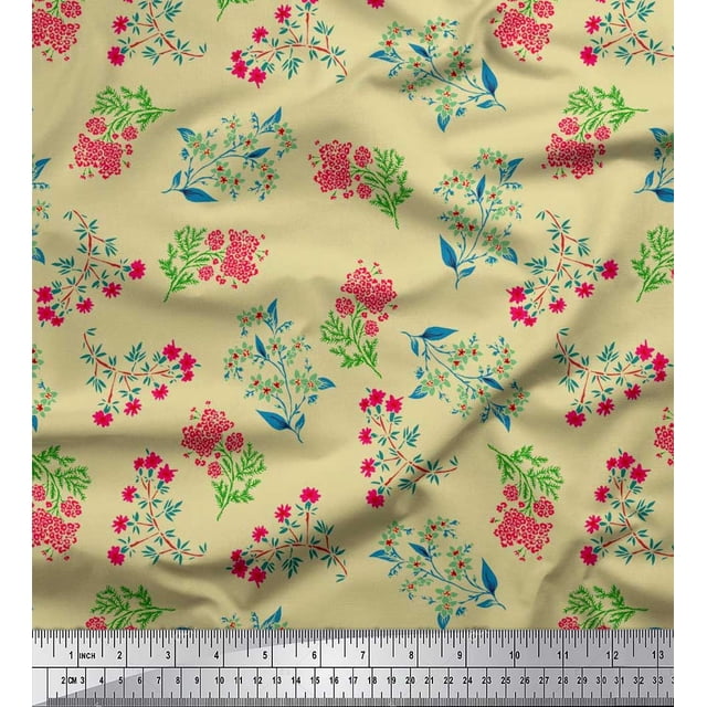Soimoi Tissu Poly Georgette Feuilles & Fleurs Roses Imprimé Floral 1 Yard 42 Pouces de Large