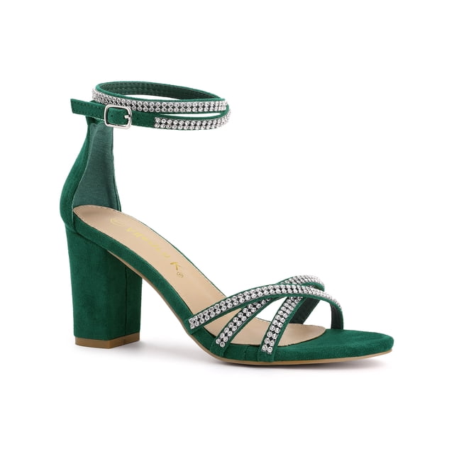 BLISSFUL STEP Women's Shoes Rhinestone Crisscross Strappy Block Heel Faux Suede Ankle Buckle Sandals Dark Green 7