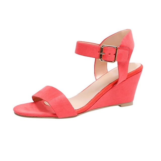 Womens Solid Color Round Toe Wedge Heel Buckle Suede Low Top Sandals Shoes