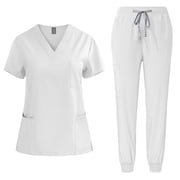 Amzcrzy Scrubs for Women Set V Neck Short Sleeve Scrubs Tops Jogger Pants Scrub Sets for Woman Casual Stretch Solid Color Scrubs Sets with Pockets