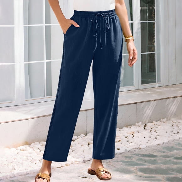 Summer Savings Clearance!Staron Womens Linen Pants Casual Lightweight Drawstring Elastic Waist Pants with Pockets Wide Leg Long Lounge Pant Trousers Beach Vacation Clothes