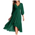 thumbnail image 2 of Robes Grande Taille en Chiffon Col en V Manches Longues Plissées Ligne A Longueur Midi Robe d'Été Verte TG, 2 of 5