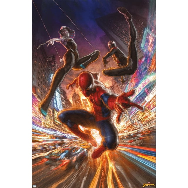 Marvel Comics Spider-Man - Gallery Edition Group Wall Poster, 22.375" x 34" depicting three Spider-Man characters swinging through a vibrant city at night with colourful light trails and tall buildings, printed on glossy poster paper suitable for bedroom or office wall decor.