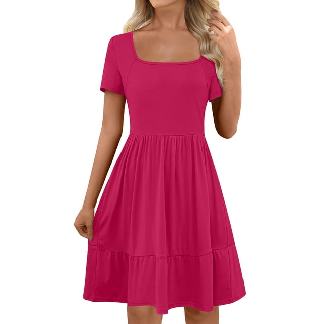 Ovzne Robes d'Été pour Femmes Robe Unie Robes d'Été Décontractées Sans Manches Pliée à Nouer devant Plissée Mini Robe de Plage Vacances avec Poche Robe d'Été Manches Courtes Transparente