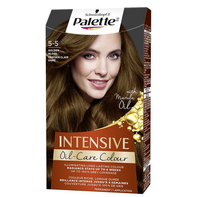 Palette Soin Intensif à l'Huile Couleur 5-5 Gloss Doré Boîte de Teinture pour Cheveux par Schwarzkopf Mettant en Vedette de Riches Cheveux Brun Châtaigne Doré, Enrichie d'Huile de marula pour une Couleur Rayonnante Longue Durée et une Couverture des Cheveux Gris jusqu'à 100 %, avec une Durabilité des Couleurs jusqu'à 8 Semaines.