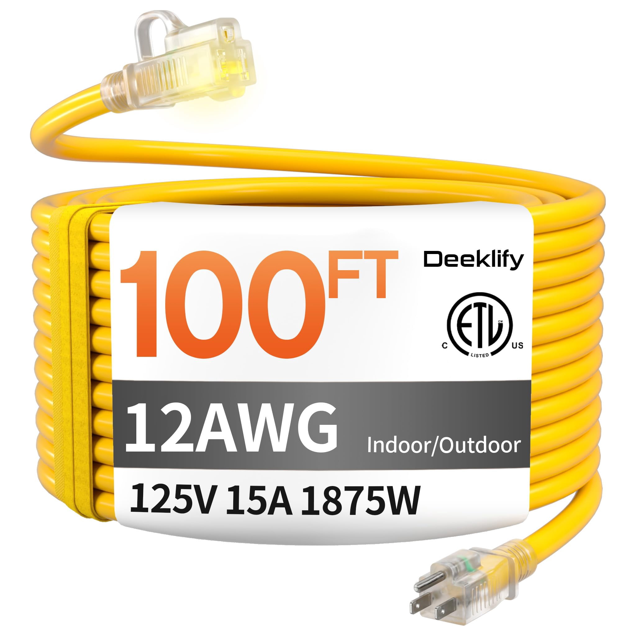 12 Gauge 100 FT Heavy Duty Outdoor Extension Cord Waterproof with Lighted End,Yellow 12 Gauge Extension Cord Flexible and Cold Resistant 3 Prong Grou