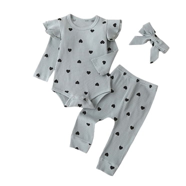 Vêtements pour Bébé 0-3 Mois Tout-Petit Bébé Enfants Filles Barboteuse à Volants à Imprimé Cœur Pantalon Bandeau Ensemble de Vêtements Vêtements Bébé Fille 3-6 Mois Vêtements Fille 12-18 Mois Pantalon Bébé 0-3 Mois