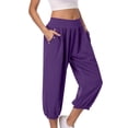 thumbnail image 1 of Timegard Womens Capri Pants Elastic High Waist Button Comfy Solid Color Casual Crop Pants with Pockets, 1 of 7