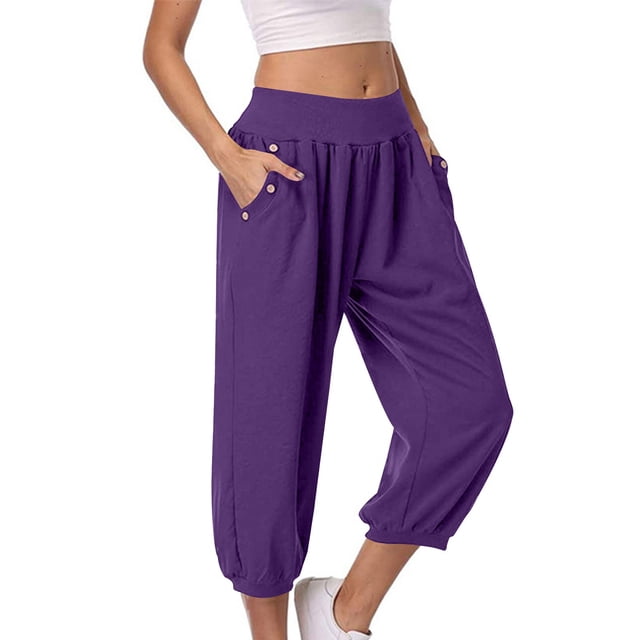 Timegard Womens Capri Pants Elastic High Waist Button Comfy Solid Color Casual Crop Pants with Pockets