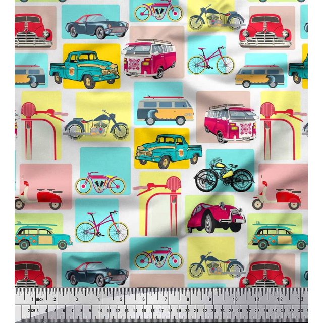 Soimoi Crepe Silk Fabric Vehicles Patchwork Print Fabric by Yard 42 Inch Wide