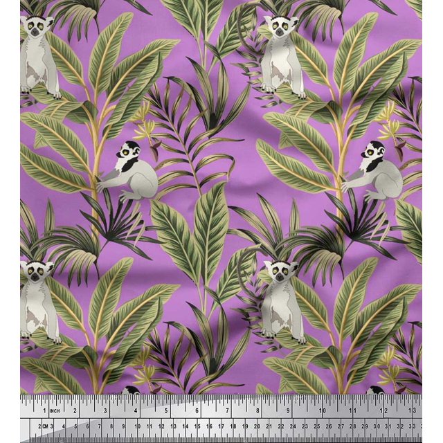Soimoi Rayon Fabric Leaves & Lemur Animal Print Sewing Fabric Yard 56 Inch Wide