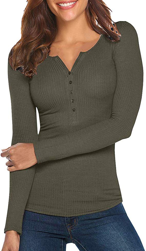 Opperiaya Women Spring T-Shirt Solid Color Henley Neck Long Sleeve Pullover