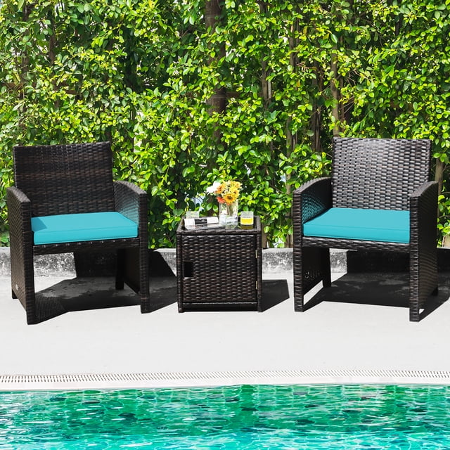 Costway 3PCS Patio Wicker Furniture Set Storage Table W/Protect Cover Turquoise