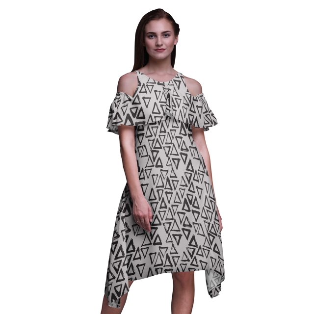 Bimba Grey Geometric Print Womens Chic Style Cold Shoulder Shift Dress Summer Tunic - Medium