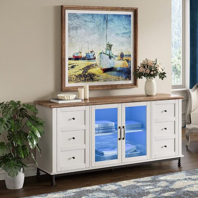 WAMPAT Farmhouse Blue LED TV Stand,Modern Entertainment Center Glass Door Television Stands for TVs Up to 65 inches, for Living Room,Metal Feet,Oak White