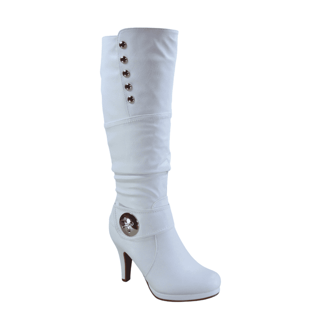 Bottes Mode Décontractées pour Femmes à Talons, Hauteur Genou, Plateforme, Fermeture Éclair Latérale, Boucle, Robe ( Blanc, 9)