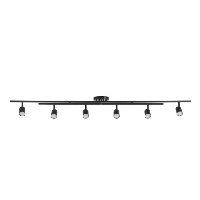 Globe Electric 6-Light Foldable Matte Black LED Integrated Track Light with Center Swivel Bars, Minimal Style Centered front-facing matte-black six-head LED track fixture with double center swivel bars and foldable arms; six independent pivoting heads configurable as straight, V or L; 42W, 2400 lm, 3000K, 90 CRI, dimmable. Suitable for directing task lighting over kitchen counters or accenting gallery walls.