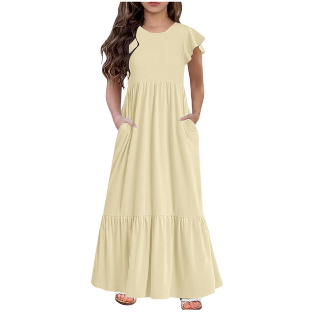 Huvoen Robe Fille Mode Filles Été Nouvelle Manches Courtes Col Rond Robe Couleur Unie Beige 8 Ans