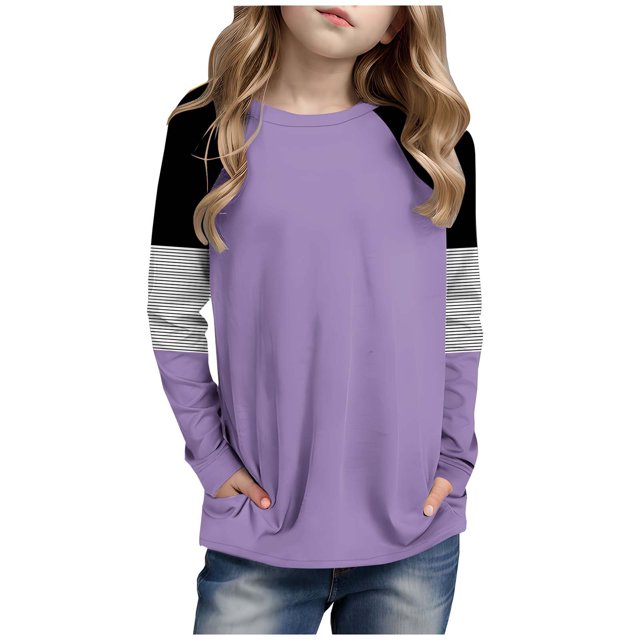 Posijego Girls Striped Long Sleeve Shirts Kids Round Neck Color Block Tunic Tops Spring T-Shirts Size 4-14 Years