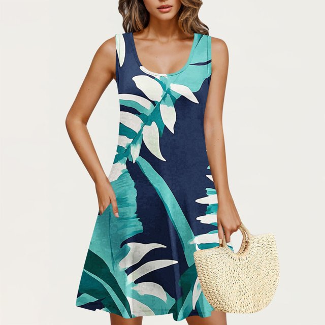 Ovzne Robes pour Femmes 2025 Robe de Plage Robe Décontractée et à la Mode pour Femmes Imprimée Col Rond Sans Manches avec Poche Robe Courte Décontractée Robe pour Femmes Imprimée Liquidation