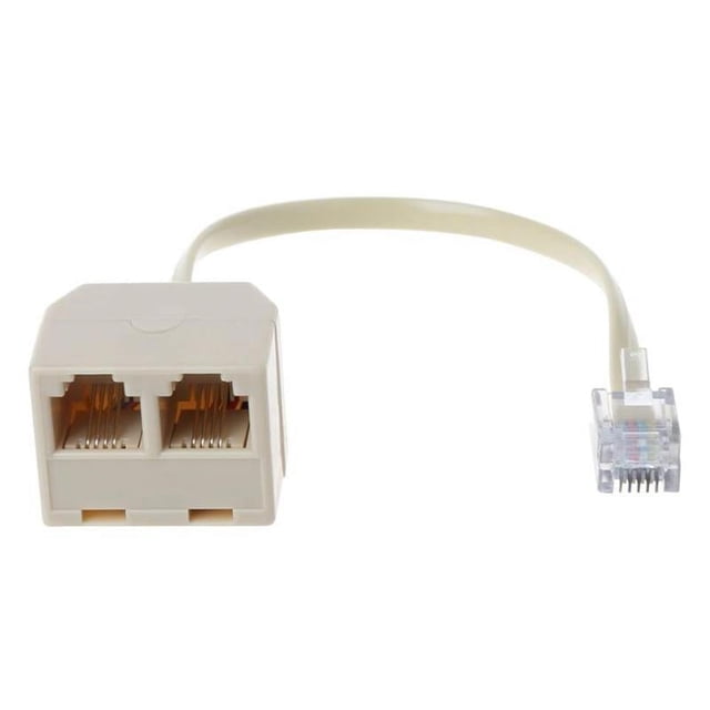 Telephone Splitter, RJ11 6P4C 1 Male to 2 Female Adapter, featuring a beige plastic body with two RJ11 female ports and a single RJ11 male connector on a 16cm cord. Designed for distributing telephone lines without supporting simultaneous dialing. Includes gold-plated phosphor bronze pins for durability and compatibility with 6P4C/6P2C crystal heads. Suitable for connecting multiple phones to a single line.