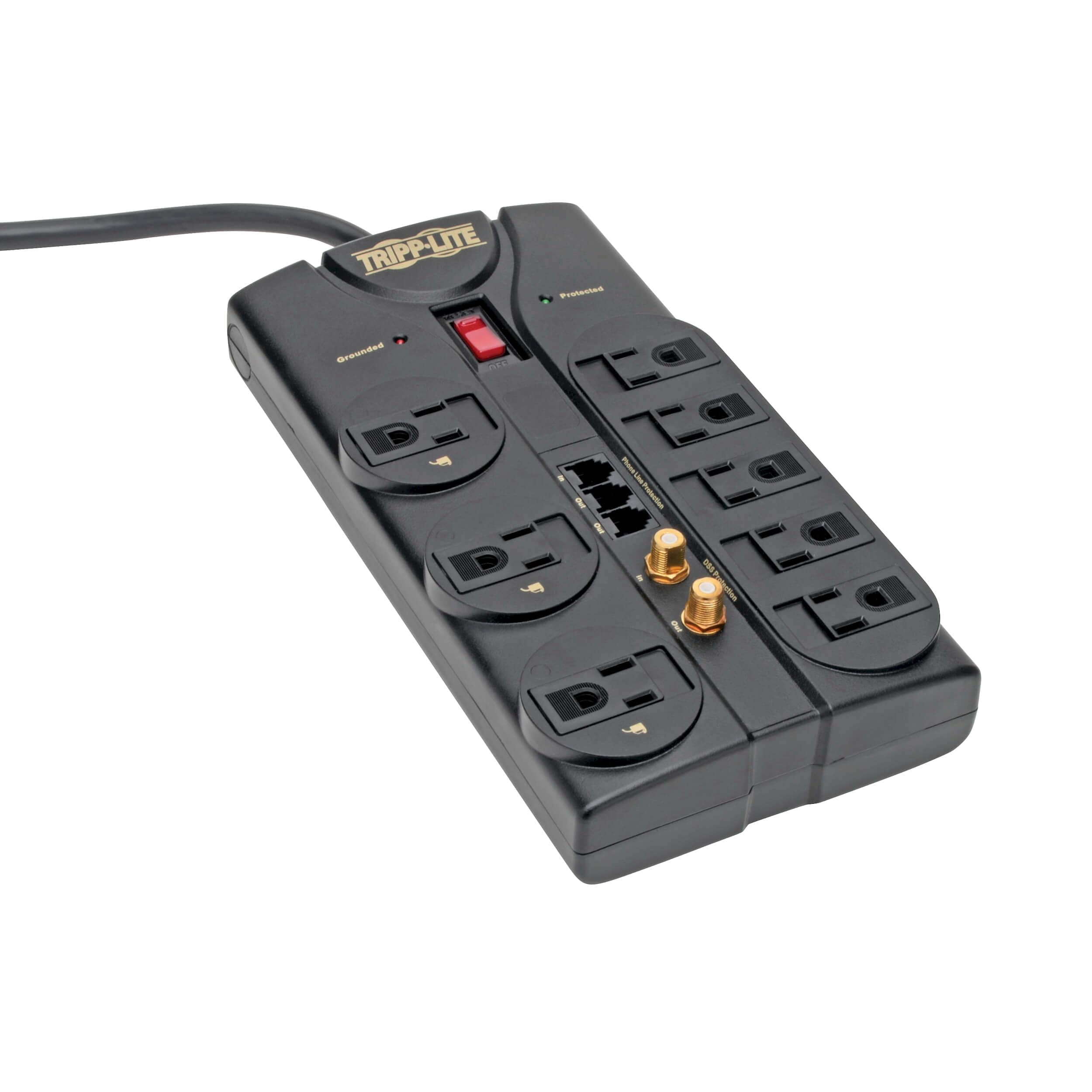Tripp Lite 8 Outlet Surge Protector Power Strip, 8ft Cord, Right-Angle Plug, Tel/Fax/Modem/Coax Protection, RJ11, (TLP808TELTV)