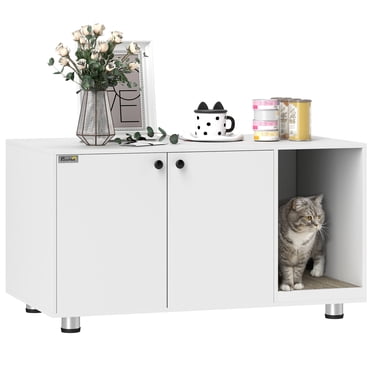 PawHut Meuble Cache-Litière pour Chat d'Intérieur avec Tapis à Griffer Blanc