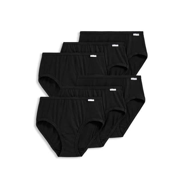 Jockey Women's Elance Hipster - 6 Pack featuring six black hipster-style panties made from 100% combed, ring-spun cotton for a soft, breathable feel. These mid-rise panties offer full coverage with squared-off legs, a fabric-covered waistband, and leg openings for added comfort. Designed with a 100% cotton gusset for enhanced breathability. Machine washable and suitable for everyday wear.