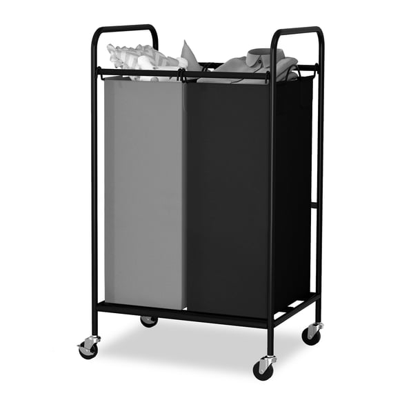 Laundry Hamper Heavy Duty 2-Section Rolling Cart - 50×40×83cm Black with 40L Removable Bags & Lockable Wheels, Space-Saving Clothes Organizer for Laundry Room (Black Two Grids)