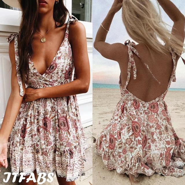 Women Summer Dress Off Shoulder Backless Printed Dress Beach Short Sundress