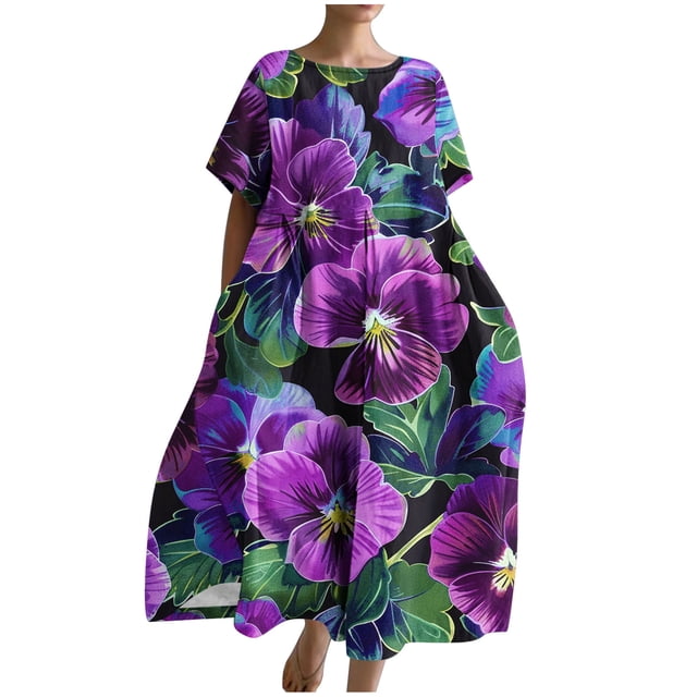Robe à Manches Courtes pour Femmes Col Rond Imprimée Ample avec Poches Été Décontractée Longue Ourlet Grand Robe Polyester