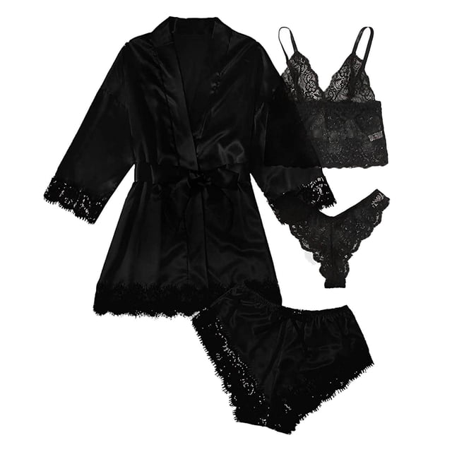 LSLJS Women Lace Satin Wireless Bra Camisole Shorts Pajamas Robe Four Piece Set, Lingerie Sets