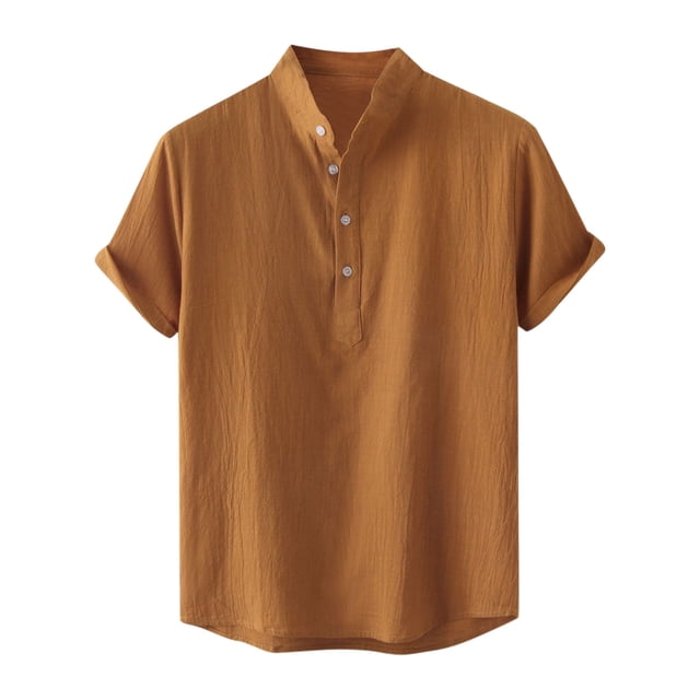 cfhntfmh Cotton Linen Shirts for Men Summer Short Sleeve Button up Beach T-Shirts Lightweight Solid Collared Tops