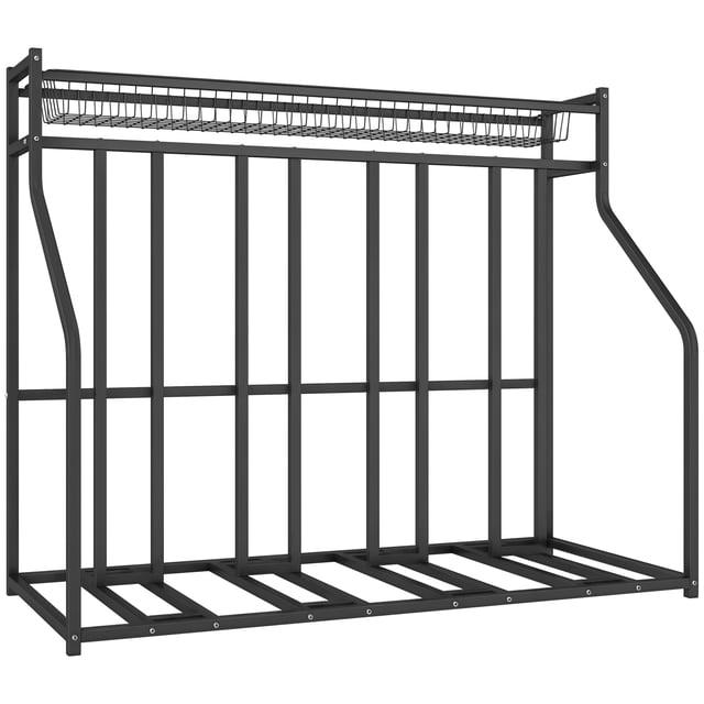 Soozier 4 Bicycle Bike Stand, Floor Bike Storage Rack with Basket, Hooks. A black steel bike rack with a freestanding design, capable of holding up to 4 bicycles. Features a top wire basket for additional storage and S hooks for hanging sports equipment. The rack has a weather-resistant painted finish and measures 46.9 inches in length, 21.3 inches in width, and 39.4 inches in height. Suitable for organizing bikes and gear in garages or outdoor spaces.