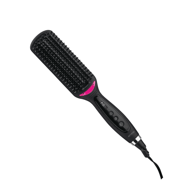 Revlon One-Step Straight and Shine Triple Ceramic XL Heated Brush with black ergonomic handle, pink accent, LCD temperature display, and 4.5-inch ceramic-coated surface. Features multidimensional bristles, dual voltage, and 6-foot swivel cord for smooth, frizz-free styling and shine on medium to long hair.