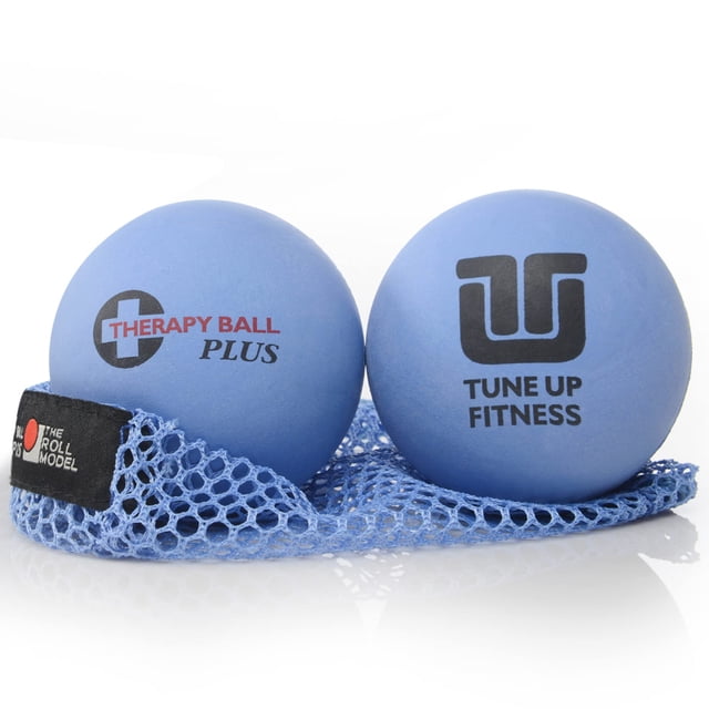 Tune Up Fitness Therapy Ball PLUS Pair in Tote, featuring two blue massage therapy balls with a grippy texture, each 2 ¾ inches in diameter, designed for myofascial release and pain relief. The balls are shown in a blue mesh tote, with visible branding for Tune Up Fitness and Therapy Ball PLUS. Ideal for neck, lower back, sciatica, and shoulder tension relief, as well as pre- and post-workout muscle recovery.